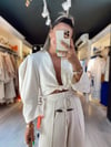 Taş Rengi Ön Bağlamalı Keten Bluz 