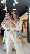 Taş Renk Düğme Detaylı Oversize Keten Gömlek