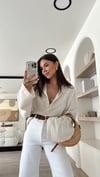 Taş Renk Ön Düğmeli Marka Model Keten Bluz