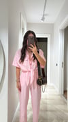 Toz Pembe Bağlama Detaylı Crop Gömlek 