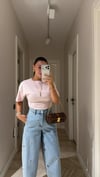 Toz Pembe Dikiş Detaylı Crop Tişört