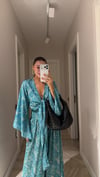 Turkuaz Etnik Desenli Ön Bağlamalı Bluz Pantolon Takım
