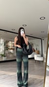 Yeşil Simli Asimetrik Desenli İspanyol Paça Pantolon 