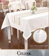 Dertsiz Linen Nakışlı Tek Masa Örtüsü 160x300 cm Yemek Masası Örtüsü Çelenk Model Krem-Gold