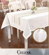 Dertsiz Linen Nakışlı Tek Masa Örtüsü 160x300 cm Yemek Masası Örtüsü Çelenk Model Krem-Gold
