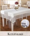 Linen Tek Masa Örtüsü 160x350 cm Dantelli Yemek Masası Örtüsü Kutupyıldızı Model Ekru