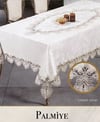 Velvet Kadife Tek Masa Örtüsü 160x220 cm Dantelli Yemek Masası Örtüsü Palmiye Model Krem-Gri
