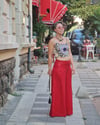 Kırmızı Keten Bayan Pantolon