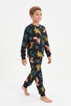 Erkek Çocuk Dinozor Desenli %100 Pamuk Reaktif Boyalı Süprem Kumaş Uzun Kollu Pijama Takımı