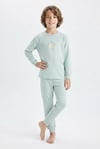 Erkek Çocuk Mavi Yıldız Baskılı %100 Pamuk Süprem Kumaş Düz Uzun Kollu Pijama Takımı
