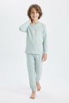 Erkek Çocuk Mavi Yıldız Baskılı %100 Pamuk Süprem Kumaş Düz Uzun Kollu Pijama Takımı