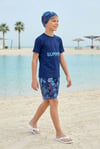 Erkek Çocuk Polyester + Elastan Summer Yazılı Tişört ve Desenli Şortlu Boneli Üçlü Mayo