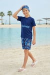 Erkek Çocuk Polyester + Elastan Summer Yazılı Tişört ve Desenli Şortlu Boneli Üçlü Mayo