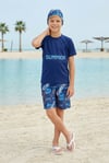 Erkek Çocuk Polyester + Elastan Summer Yazılı Tişört ve Desenli Şortlu Boneli Üçlü Mayo