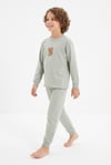 Erkek Çocuk Sevimli Ayıcık Baskılı %100 Pamuk Süprem Kumaş Düz Uzun Kollu Pijama Takımı