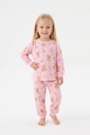Kız Bebek Ayıcık ve Kalp Desenli %100 Pamuk Süprem Kumaş Reaktif Boyama Uzun Kollu Pijama Takımı