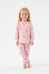 Kız Bebek Ayıcık ve Kalp Desenli %100 Pamuk Süprem Kumaş Reaktif Boyama Uzun Kollu Pijama Takımı