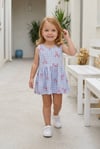 Kız Bebek Sıfır Kol Ekose Desenli Bel Büzgülü Fiyonk Baskılı %100 Pamuk Süprem Kumaş Yazlık Elbise