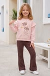 Kız Çocuk Çiçek Baskılı %100 Pamuk İki İplik Kumaş Fırçalı Sweatshirt Ve Fitilli İspanyol Paça Pantolonlu Takım