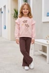 Kız Çocuk Çiçek Baskılı %100 Pamuk İki İplik Kumaş Fırçalı Sweatshirt Ve Fitilli İspanyol Paça Pantolonlu Takım