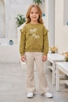 Kız Çocuk Çiçek Baskılı %100 Pamuk İki İplik Kumaş Fırçalı Sweatshirt Ve Fitilli İspanyol Paça Pantolonlu Takım