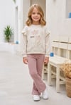 Kız Çocuk Çiçek Baskılı %100 Pamuk İki İplik Kumaş Fırçalı Sweatshirt Ve Fitilli İspanyol Paça Pantolonlu Takım