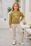 Kız Çocuk Çiçek Baskılı %100 Pamuk İki İplik Kumaş Fırçalı Sweatshirt Ve Fitilli İspanyol Paça Pantolonlu Takım