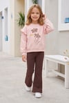 Kız Çocuk Çiçek Baskılı %100 Pamuk İki İplik Kumaş Fırçalı Sweatshirt Ve Fitilli İspanyol Paça Pantolonlu Takım