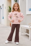 Kız Çocuk Çiçek Baskılı %100 Pamuk İki İplik Kumaş Fırçalı Sweatshirt Ve Fitilli İspanyol Paça Pantolonlu Takım