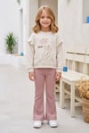 Kız Çocuk Çiçek Baskılı %100 Pamuk İki İplik Kumaş Fırçalı Sweatshirt Ve Fitilli İspanyol Paça Pantolonlu Takım