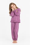 Kız Çocuk Çiçek Nakışlı Kol ve Paça Büzgülü %100 Pamuk Süprem Kumaş Uzun Kollu Pijama Takımı