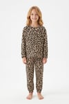 Kız Çocuk Leopar Desenli %100 Pamuk Reaktif Boyalı Süprem Kumaş Uzun Kollu Pijama Takımı