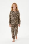 Kız Çocuk Leopar Desenli %100 Pamuk Reaktif Boyalı Süprem Kumaş Uzun Kollu Pijama Takımı