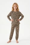Kız Çocuk Leopar Desenli %100 Pamuk Reaktif Boyalı Süprem Kumaş Uzun Kollu Pijama Takımı