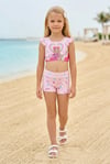 Kız Çocuk Polyester + Elastan Baskılı Fırfırlı Crop Üst ve Boxer Şortlu Mayo