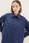 ELVİRA 100% KETEN UZUN GÖMLEK LACİVERT