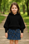 Kız Çocuk Kapüşonlu Triko Sweatshirt Asimetrik Kesim Kot Etek 2'li TakımAlt-Üst TakımHilal Akıncı Kids