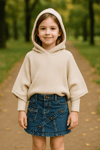 Kız Çocuk Kapüşonlu Triko Sweatshirt Asimetrik Kesim Kot Etek 2'li TakımAlt-Üst TakımHilal Akıncı Kids