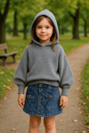 Kız Çocuk Kapüşonlu Triko Sweatshirt Asimetrik Kesim Kot Etek 2'li TakımAlt-Üst TakımHilal Akıncı Kids