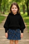 Kız Çocuk Kapüşonlu Triko Sweatshirt Asimetrik Kesim Kot Etek 2'li TakımAlt-Üst TakımHilal Akıncı Kids