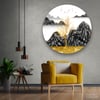 Altın Ağaç ve Siyah Dağlar Soyut Çalışma Yuvarlak Cam Tablo-Glass Art Concept