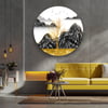 Altın Ağaç ve Siyah Dağlar Soyut Çalışma Yuvarlak Cam Tablo-Glass Art Concept