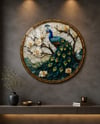 Çiçekli Tavus Kuşu Yuvarlak Cam Tablo-Glass Art Concept