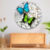Mavi Yeşil Kelebekler Yuvarlak Cam Tablo-Glass Art Concept