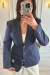Belden Oturan Denim Blazer Ceket İndigo Mavi