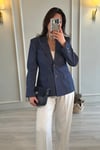 Belden Oturan Denim Blazer Ceket İndigo Mavi
