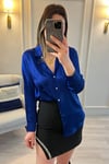 İpek Saten Gömlek Saks Mavi