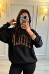 Leopar HOLA Nakışlı Sweatshirt Siyah