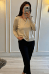 Pırıltılı Merserize Bluz Bej