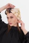 Bej Pratik Hazır Geçmeli Tesettür Bone Kesik Elyaf Retro Desenli - Hürrem Bone 2409_12